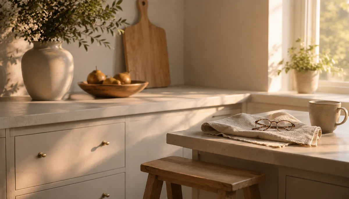 Calm family kitchen corner with a small step stool