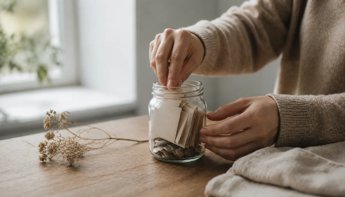 Glass jar holding folded notes and coins on a wooden surface