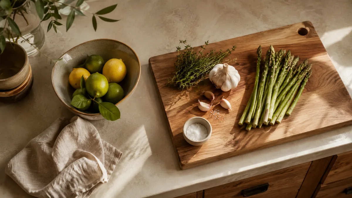 Calm kitchen counter with fresh simple ingredients on a wooden board