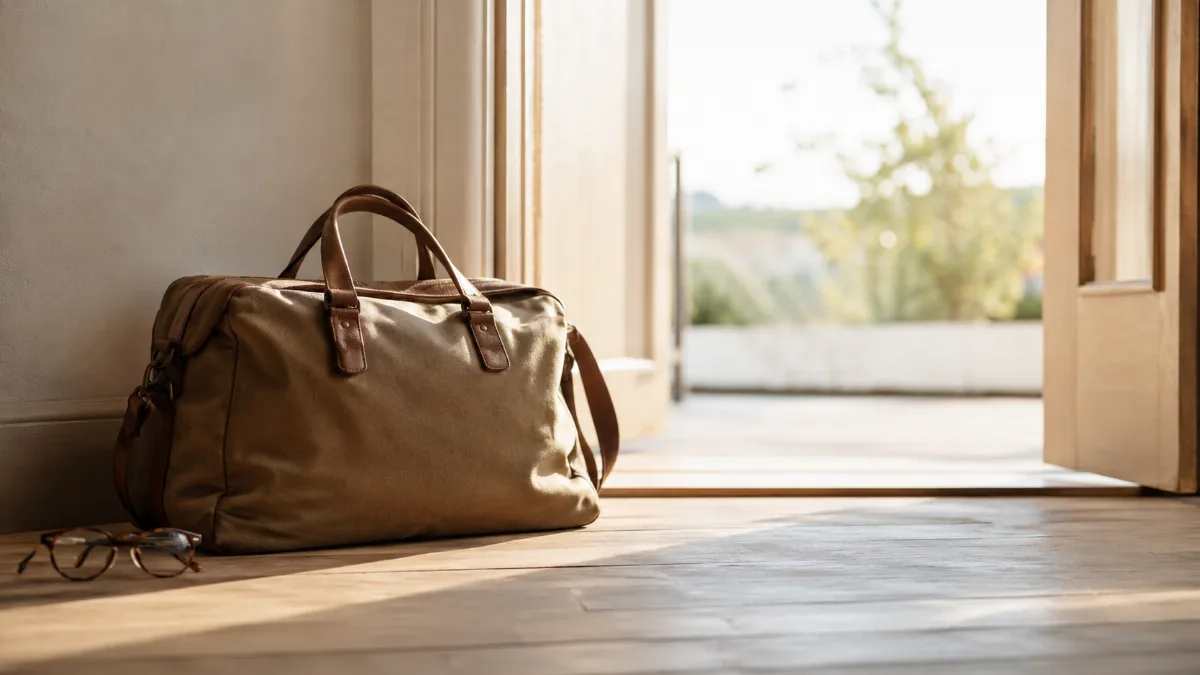 Single carry-on bag by a sunlit doorway