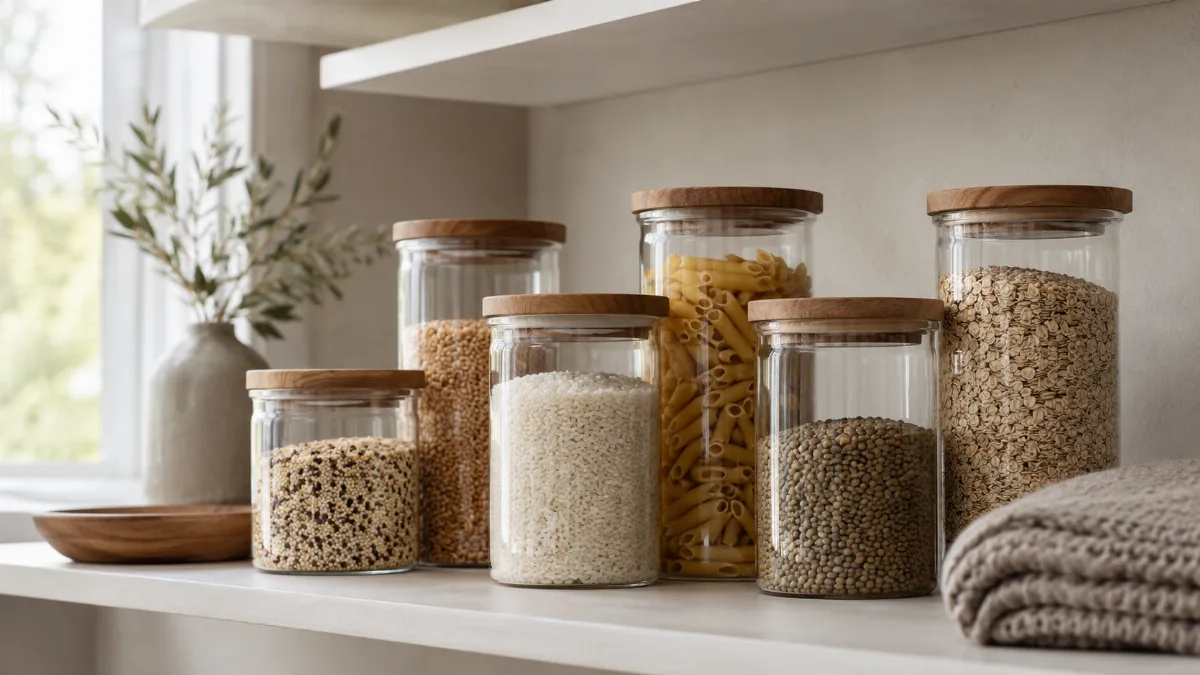 Minimalist pantry shelf with glass jars of staples