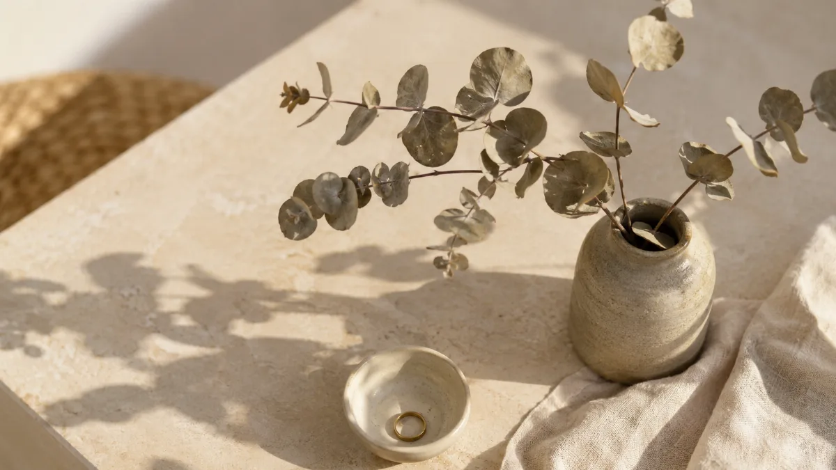 Calm minimalist interior with natural light and a few simple objects