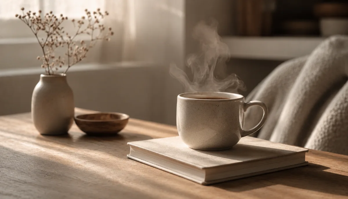 Serene styled vignette with neutral tones and soft daylight