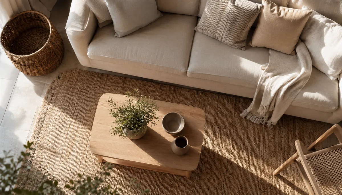 Serene living room with a neutral sofa and soft daylight