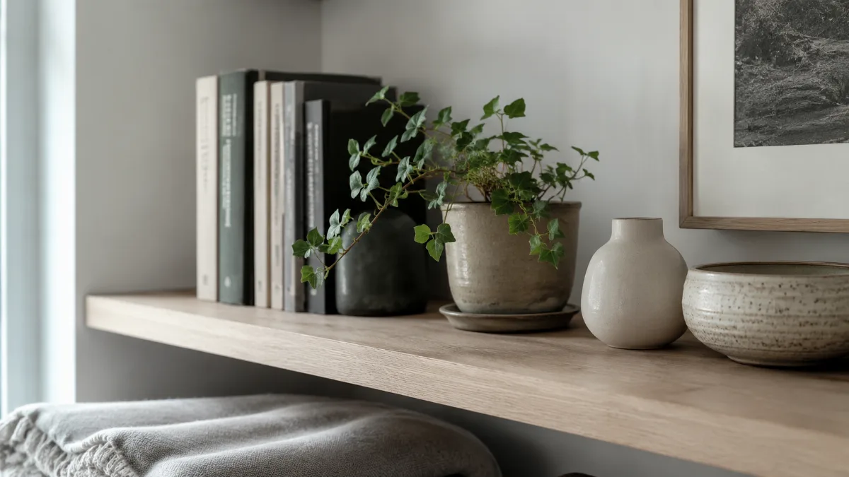 Tidy wall shelf holding books, a plant and a few ceramics