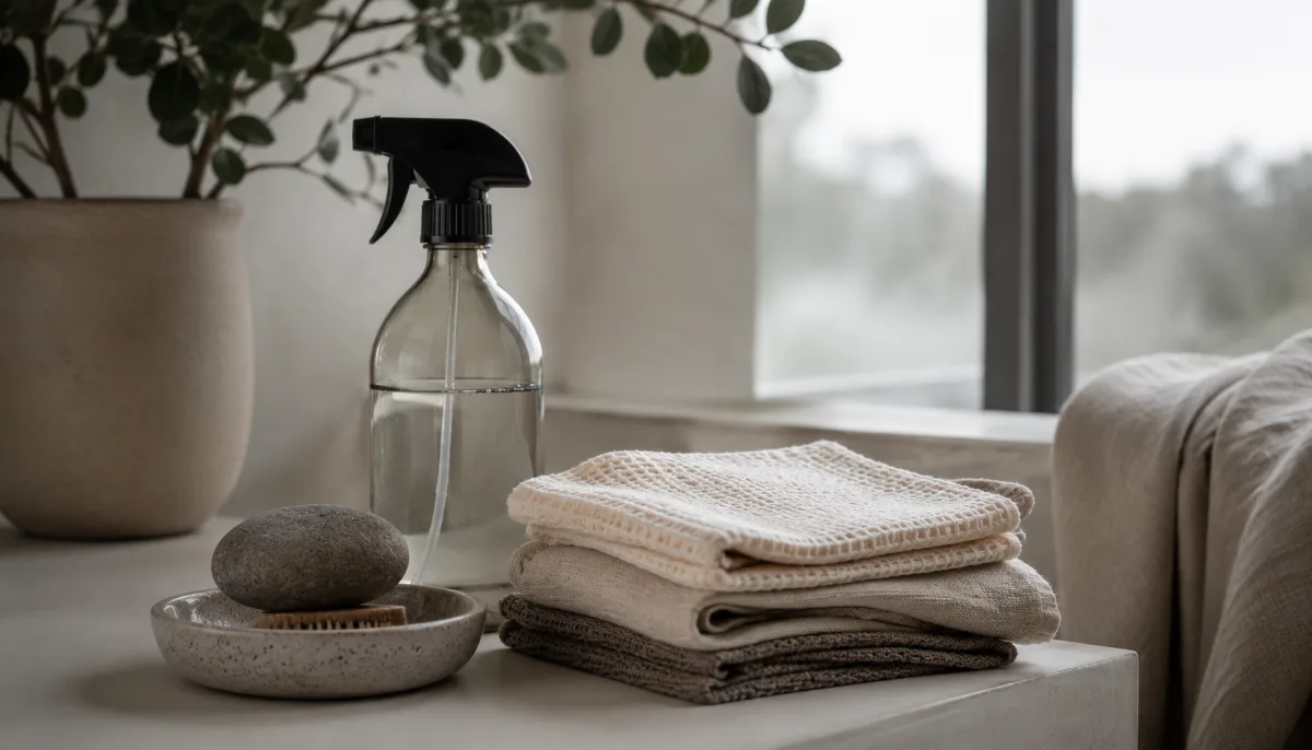 Neatly arranged cleaning cloths and a refillable spray bottle on a clean surface