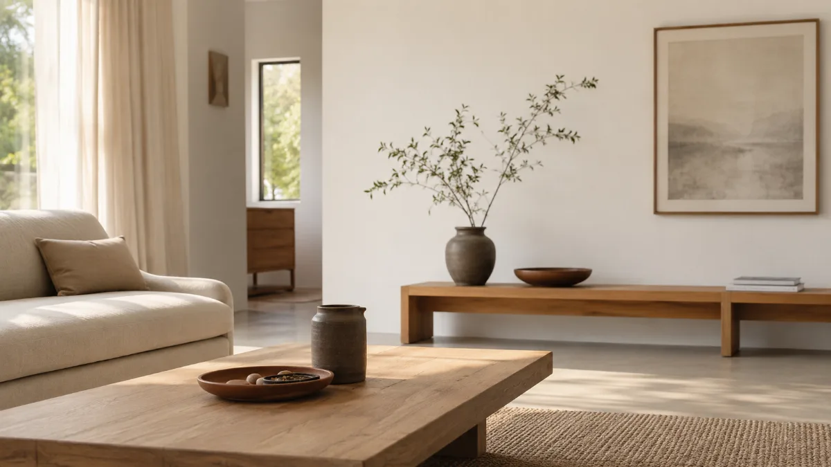 Calm, uncluttered living space with simple low furniture