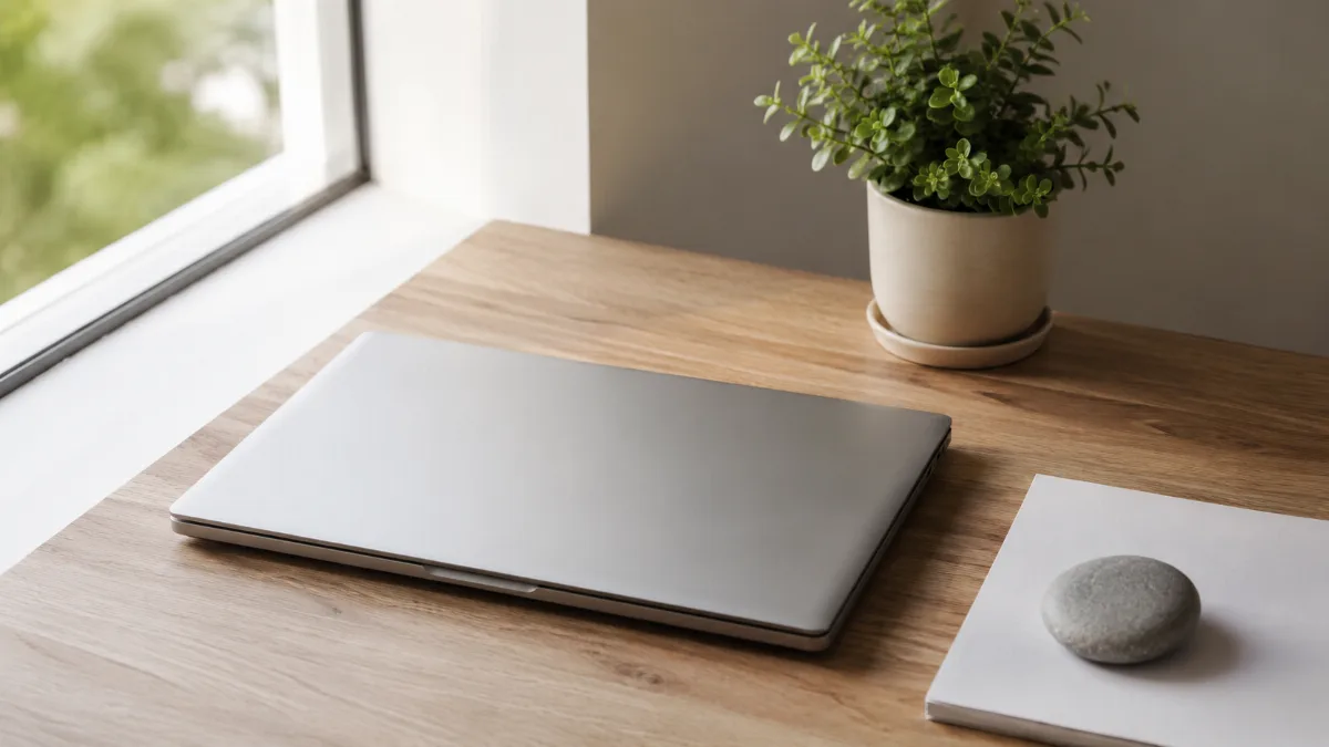 Tidy home-office corner with a laptop closed and a small plant