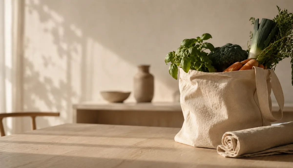 Cloth produce bag of vegetables in soft light
