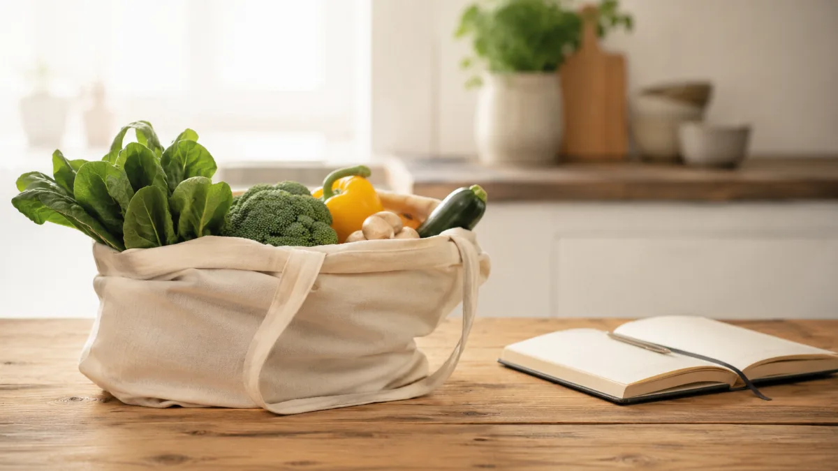 Cloth produce bag of vegetables on a wooden kitchen counter