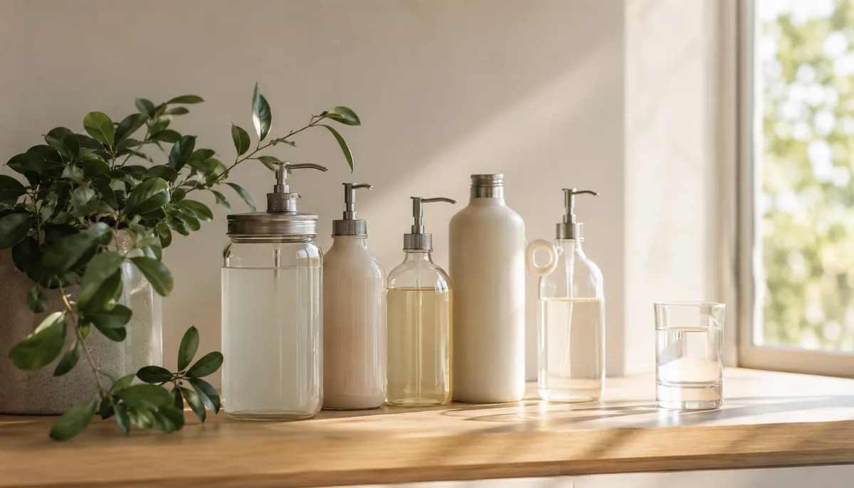 Row of refillable containers beside a leafy green plant