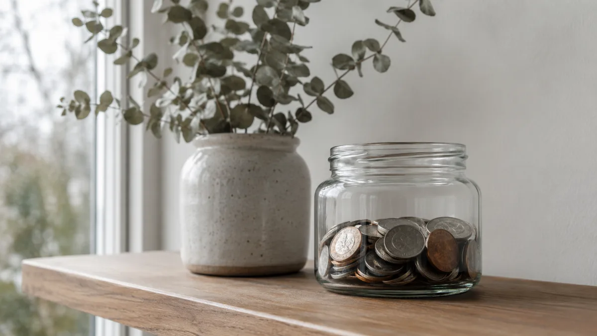 Glass jar of saved coins on a wooden shelf