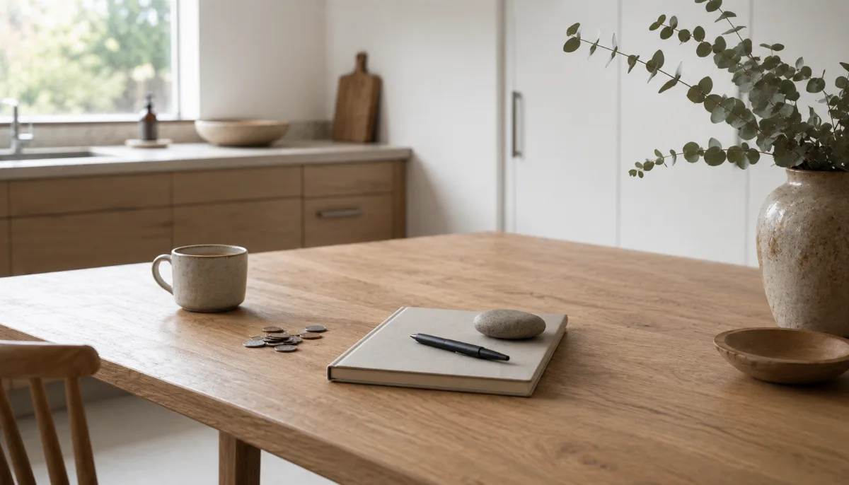 Kitchen table with a plain notebook, coins and a coffee cup