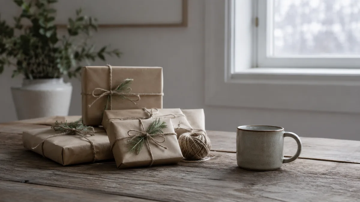 Simply wrapped gifts in plain kraft paper with natural twine on a table