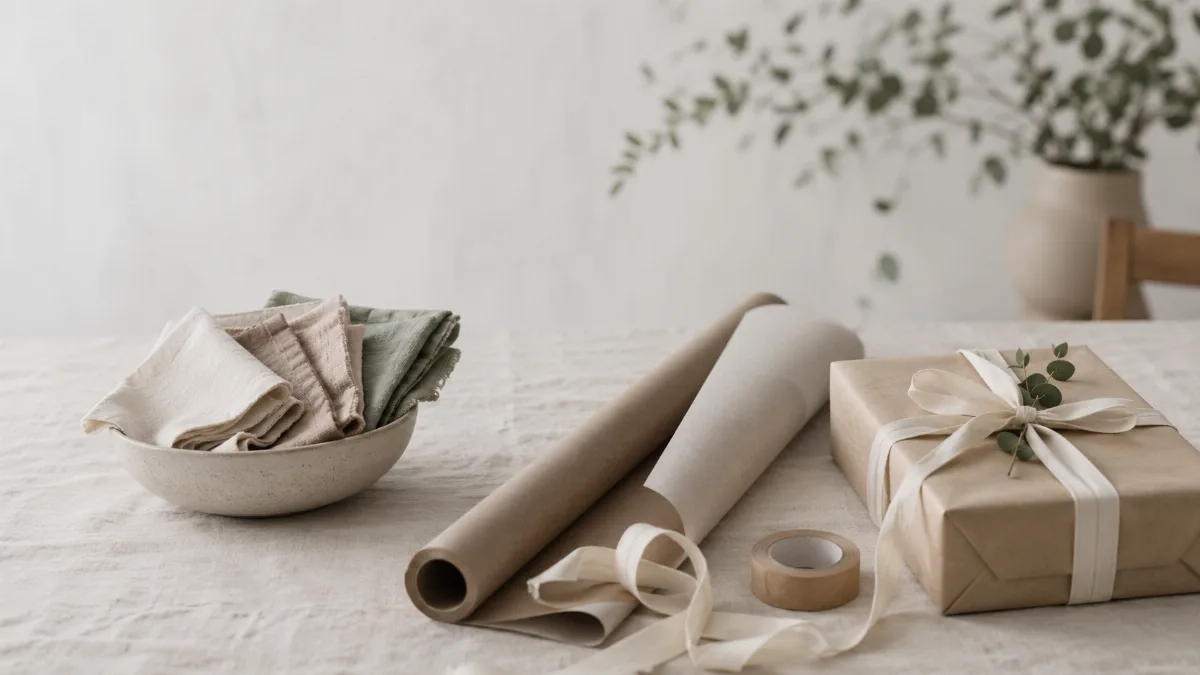Minimal gift-wrapping setup with paper, scissors and twine