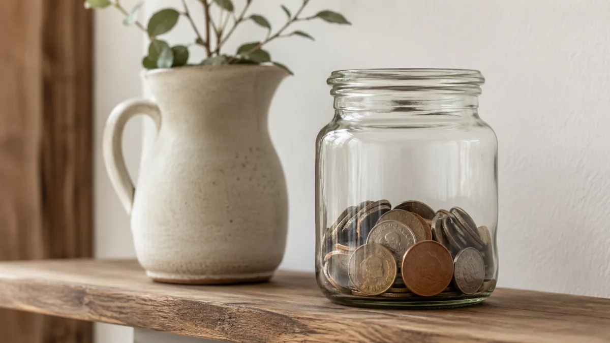 Glass jar of saved coins on a wooden shelf