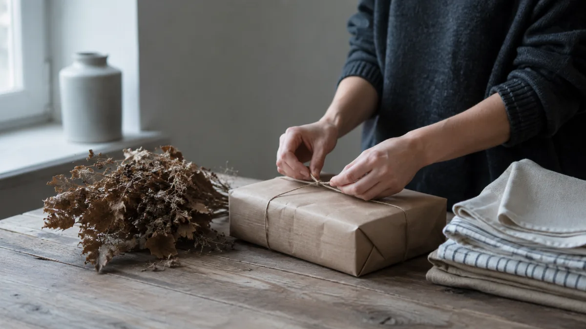 Single wrapped parcel tied with string beside dried foliage
