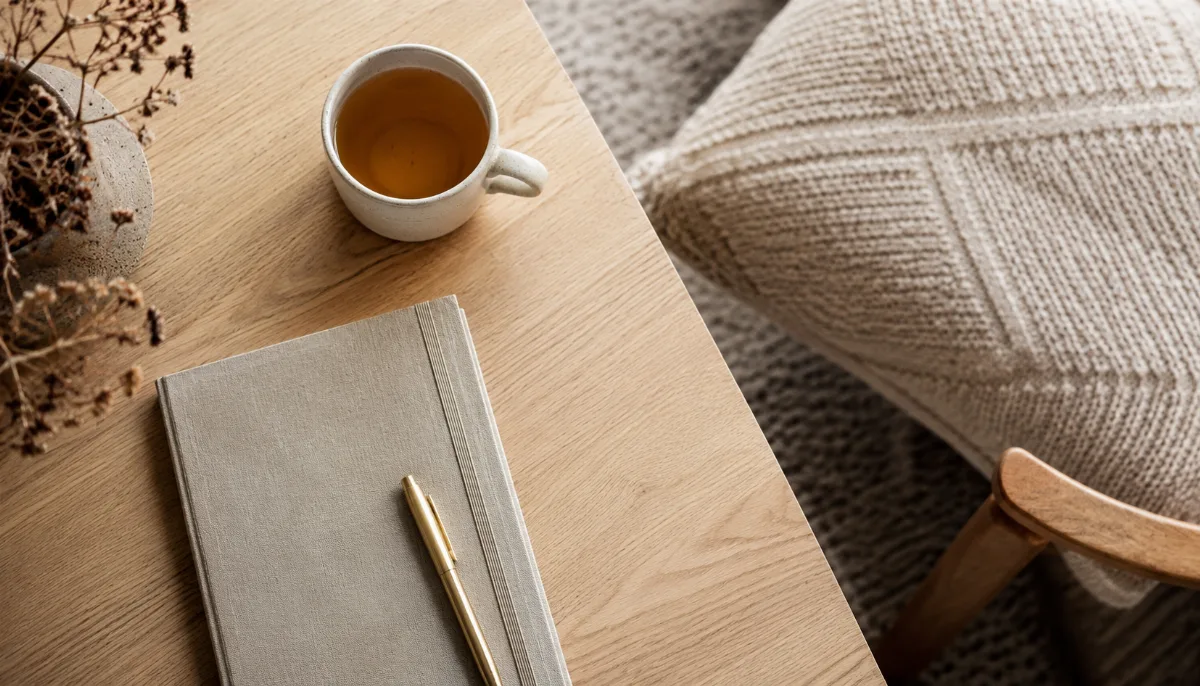Tidy desk with a notebook and a cup of tea