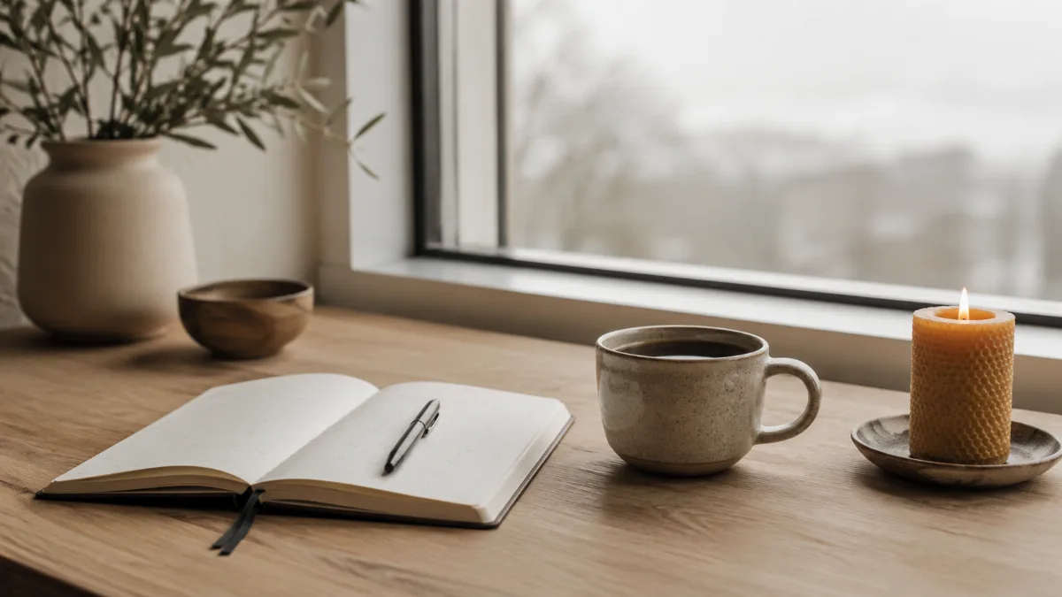 Clean desk by a window with a planner and a cup of coffee