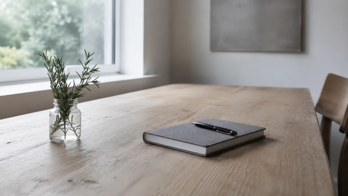 Uncluttered workspace with a single notebook and pen