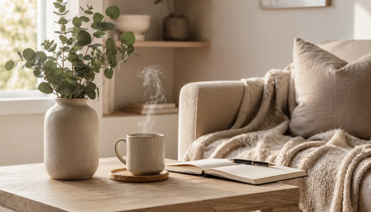 Serene styled vignette with neutral tones and soft daylight