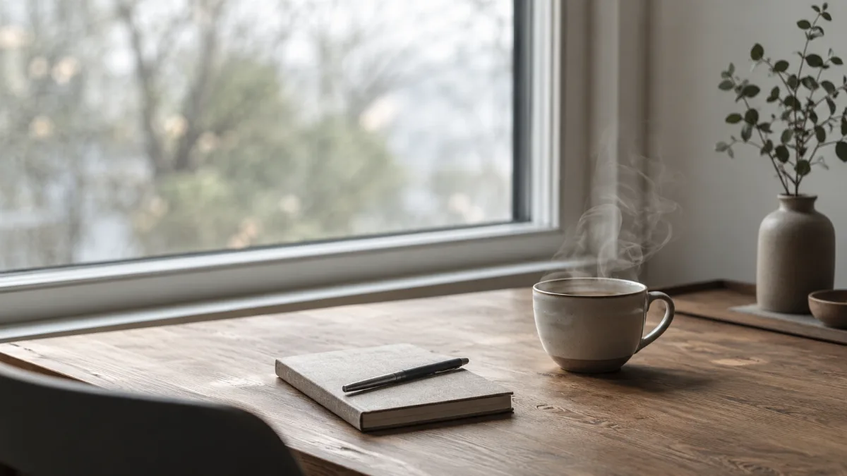Clean wooden desk by a window with a notebook, pen and a cup of coffee