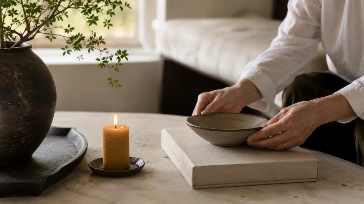 Calm minimalist interior with natural light and a few simple objects