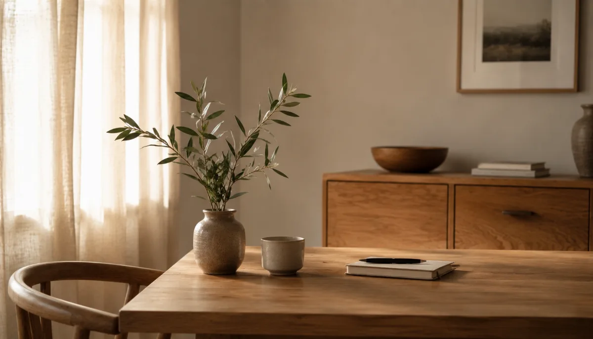 Calm minimalist interior with natural light and a few simple objects