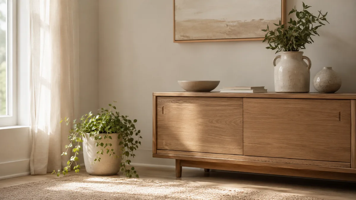 Serene styled vignette with neutral tones and soft daylight
