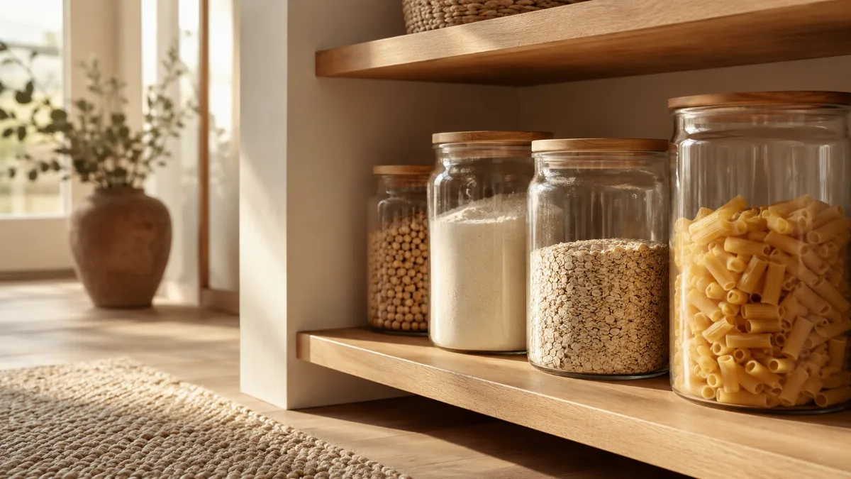 Minimalist pantry shelf with glass jars of staples