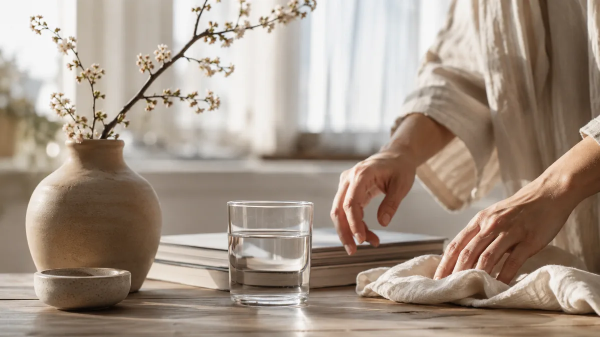 Serene styled vignette with neutral tones and soft daylight