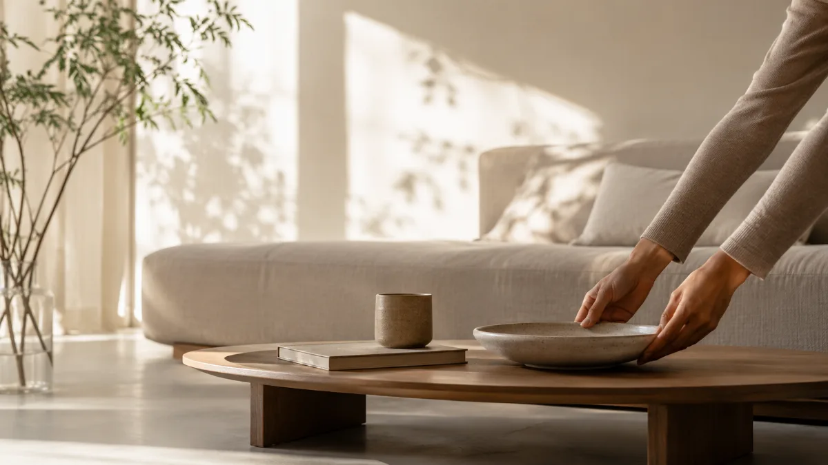 Calm, uncluttered living space with simple low furniture