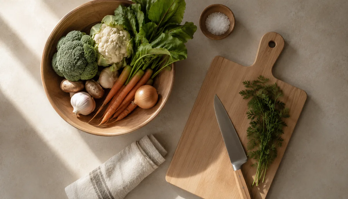 Wooden bowl of vegetables beside a chopping board