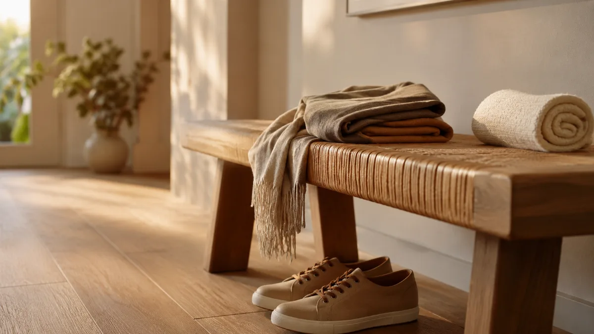 Tidy hallway bench with a folded scarf and a pair of shoes