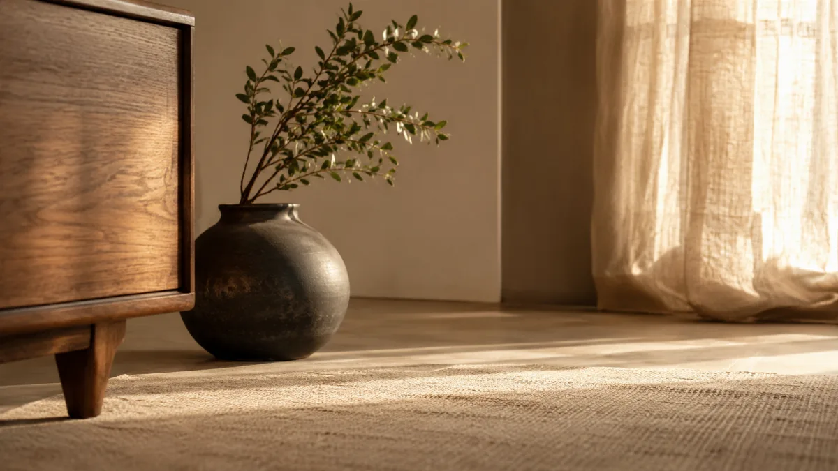 Calm minimalist interior with natural light and a few simple objects