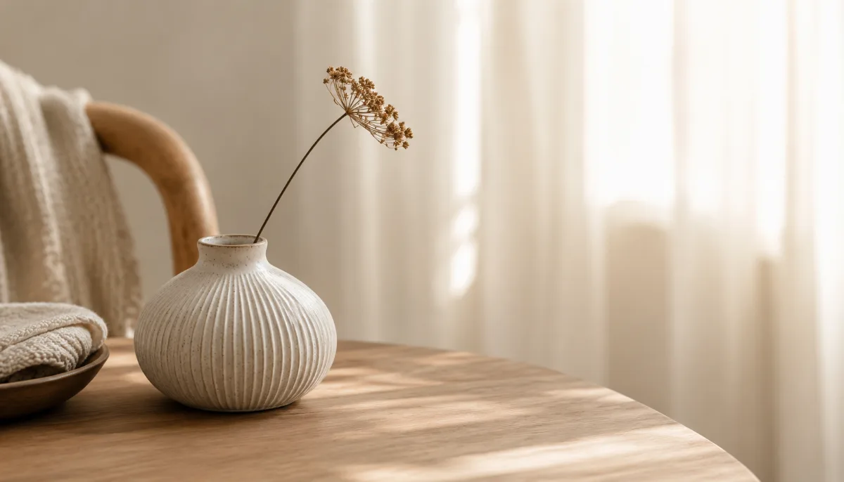 Serene styled vignette with neutral tones and soft daylight