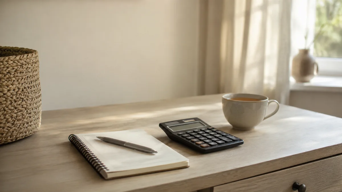 Tidy desk with a calculator, notebook and a cup of tea