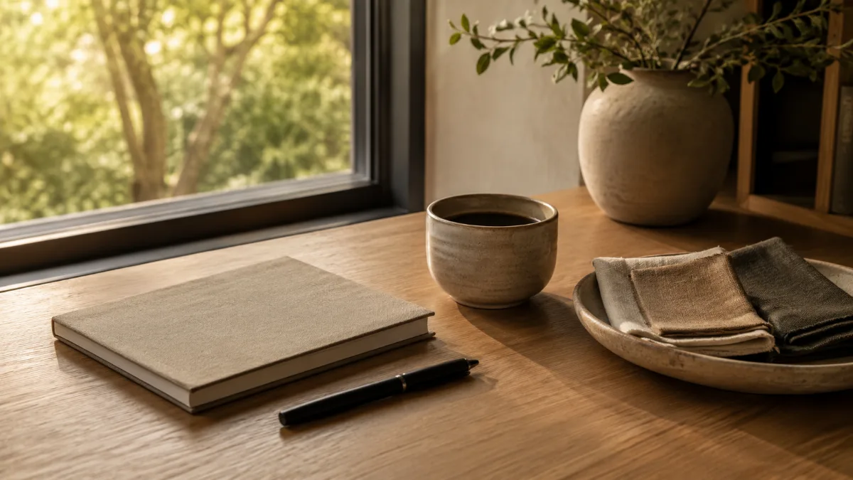 Clean wooden desk by a window with a notebook, pen and a cup of coffee