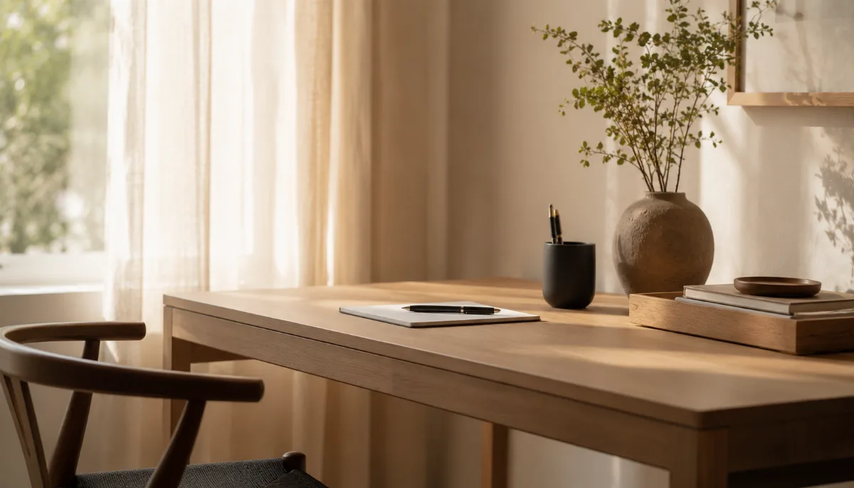 Uncluttered writing desk bathed in soft daylight