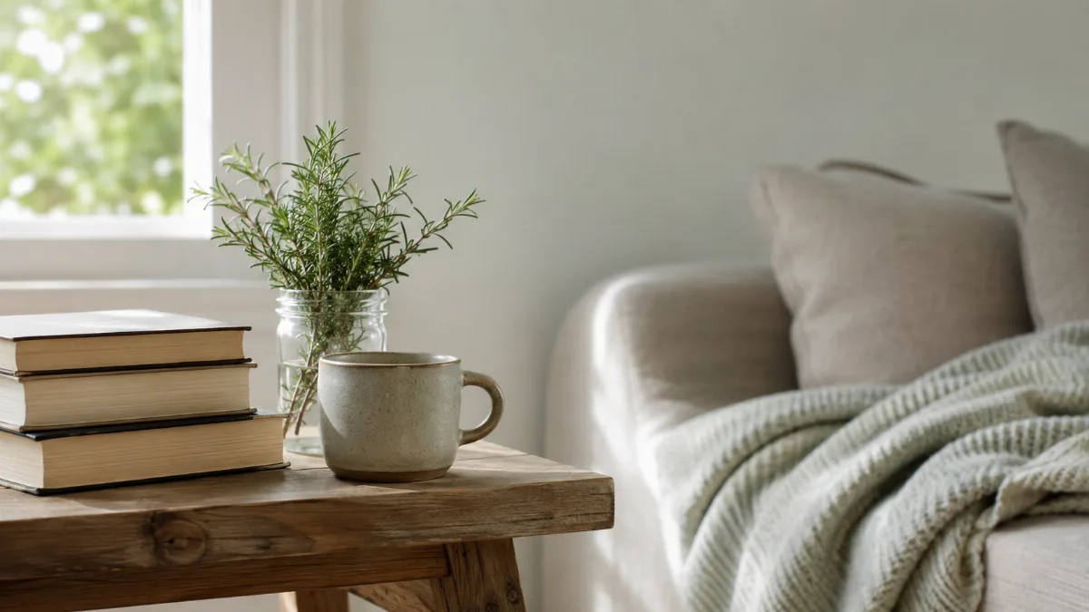 Small stack of books beside a mug on a wooden side table