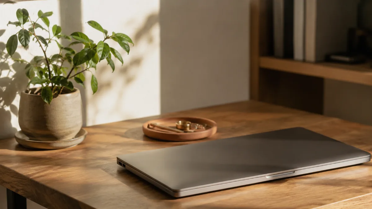 Tidy home-office corner with a laptop closed and a small plant