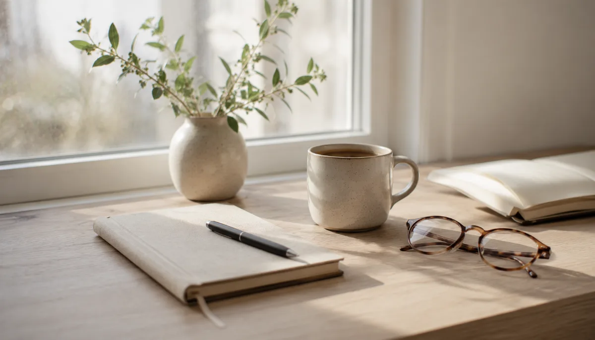 Bright morning scene with coffee and a notebook by a window