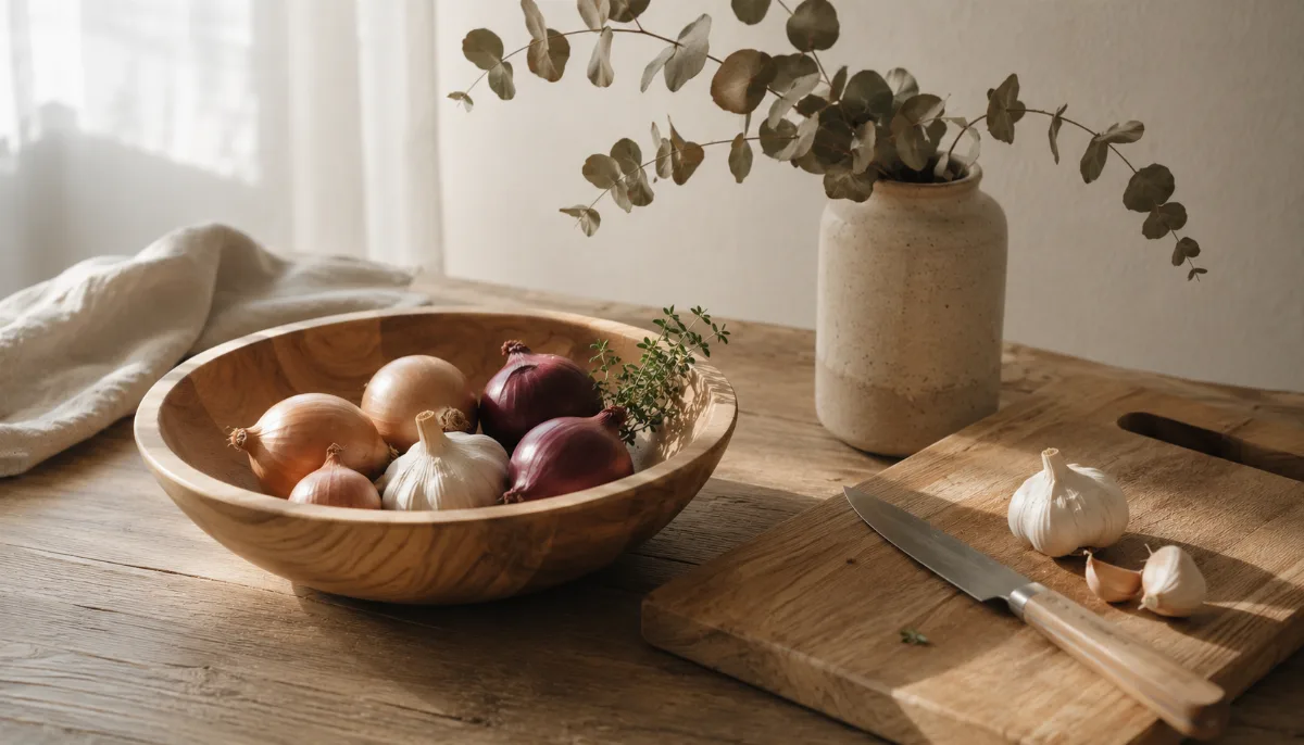 Wooden bowl of vegetables beside a chopping board