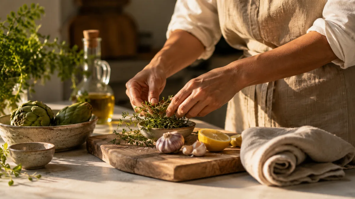 Simple kitchen counter with fresh ingredients and a wooden board