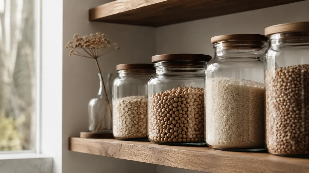 Glass jars of pantry staples on an open shelf