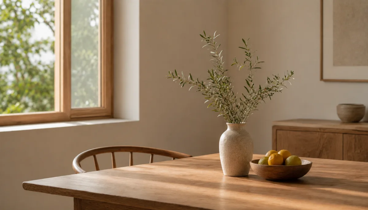 Empty wooden table with a single vase in soft light