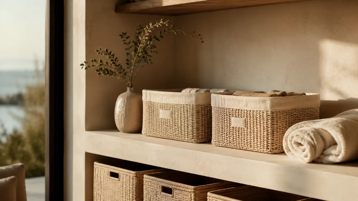 Neatly arranged storage nook with labeled baskets