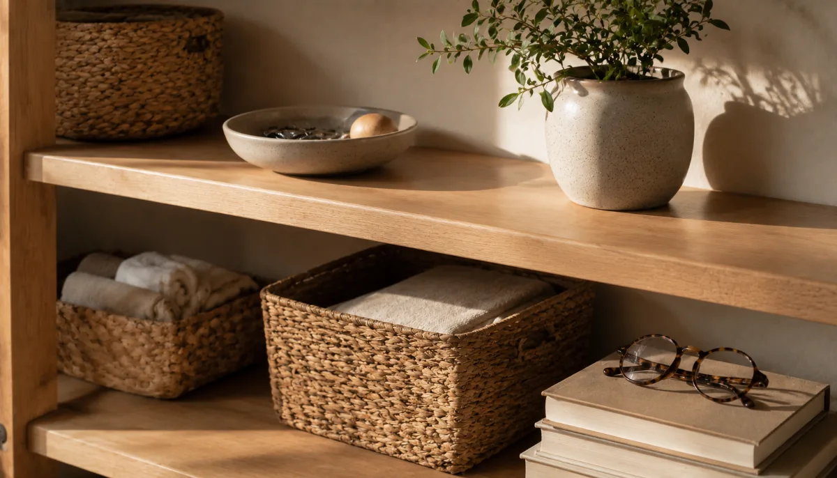 Tidy organized shelf with baskets and a few neat items