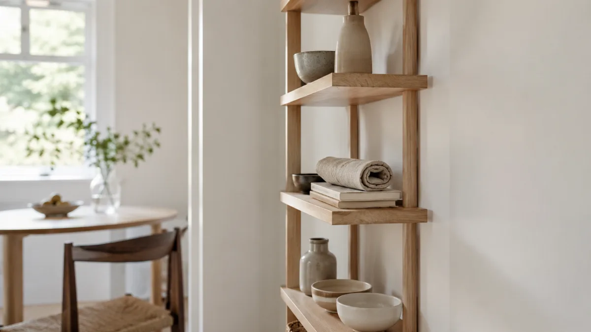 Slim vertical shelving making use of a narrow wall in a small room