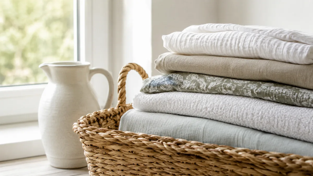 Folded laundry stacked in a woven basket by a window